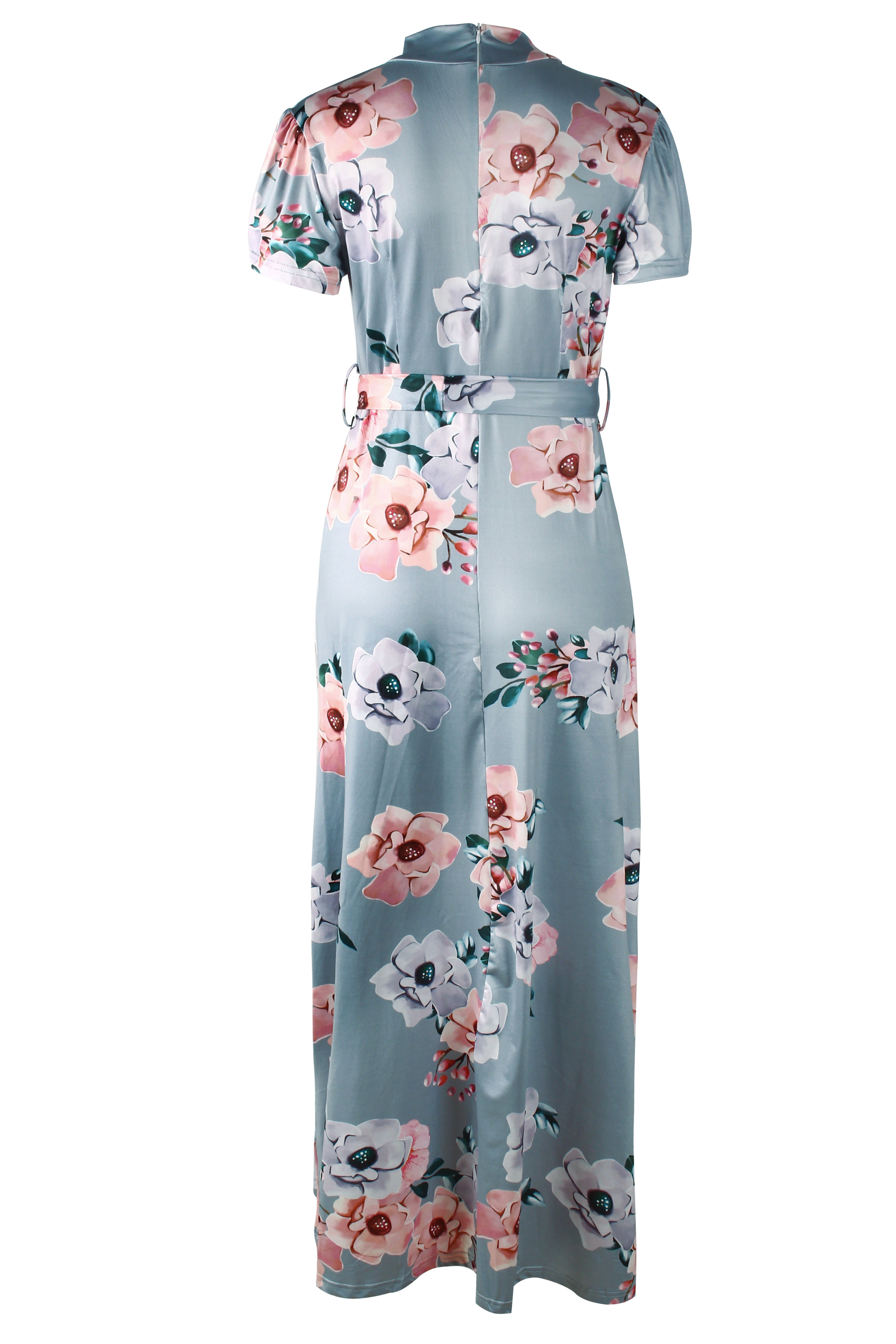 Short Sleeve Floral Long Dress with Belt