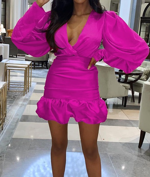 Autumn Party Sexy Deep-V Puff Sleeve Mermaid Mini Dress