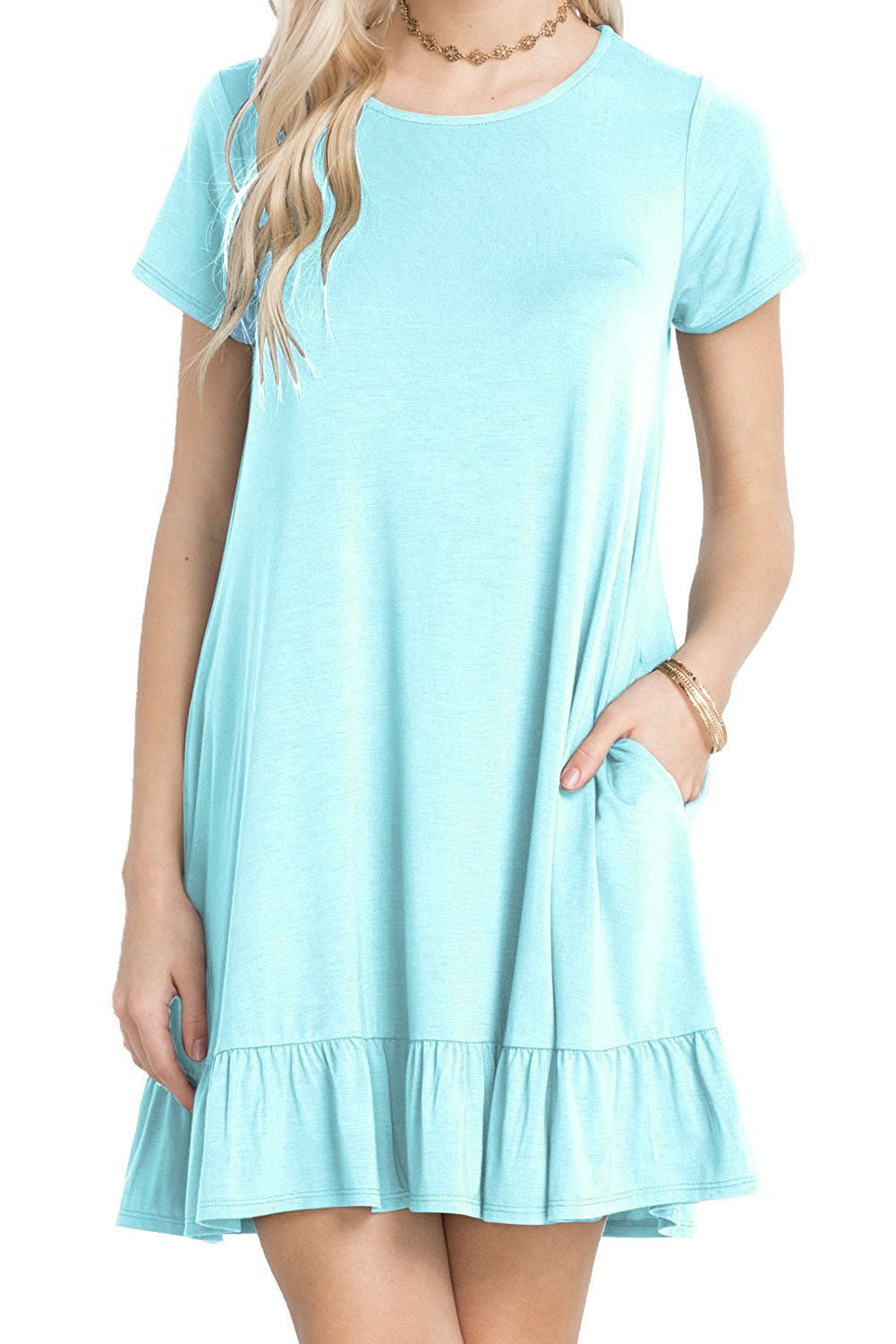 Baby Blue Short Sleeve Draped Hemline Casual Shirt Dress