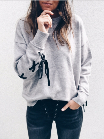 Gray Round Neck Linen Casual Plain Tops