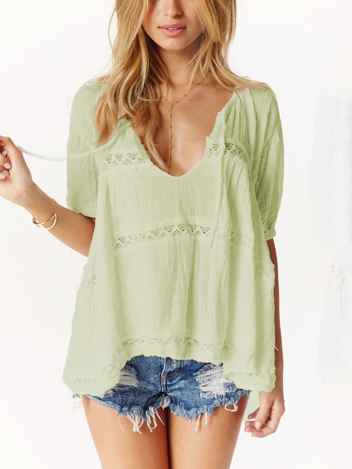 White V Neck Cotton Short Sleeve Shirts & Tops