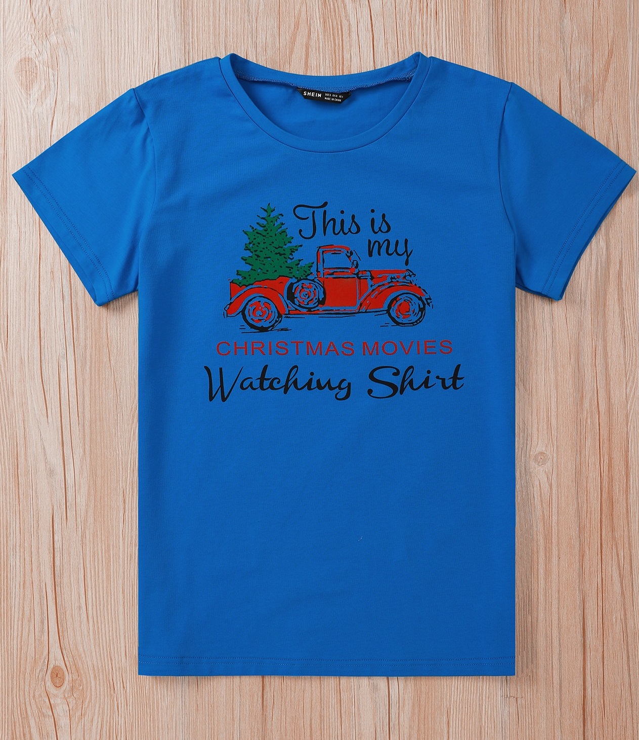 Christmas Print Round Neck Shirt with Short Sleeves