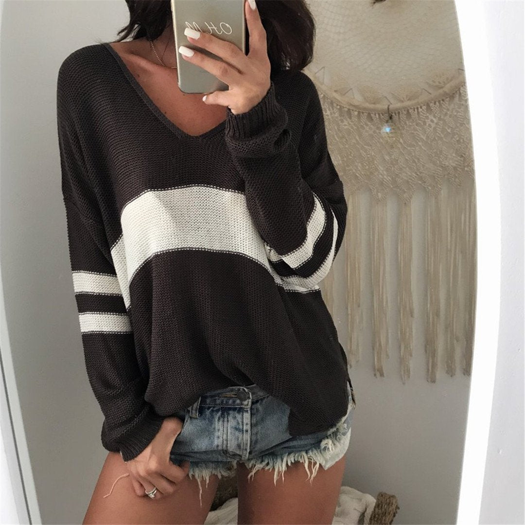 Fashion V Neck Striped Sweater