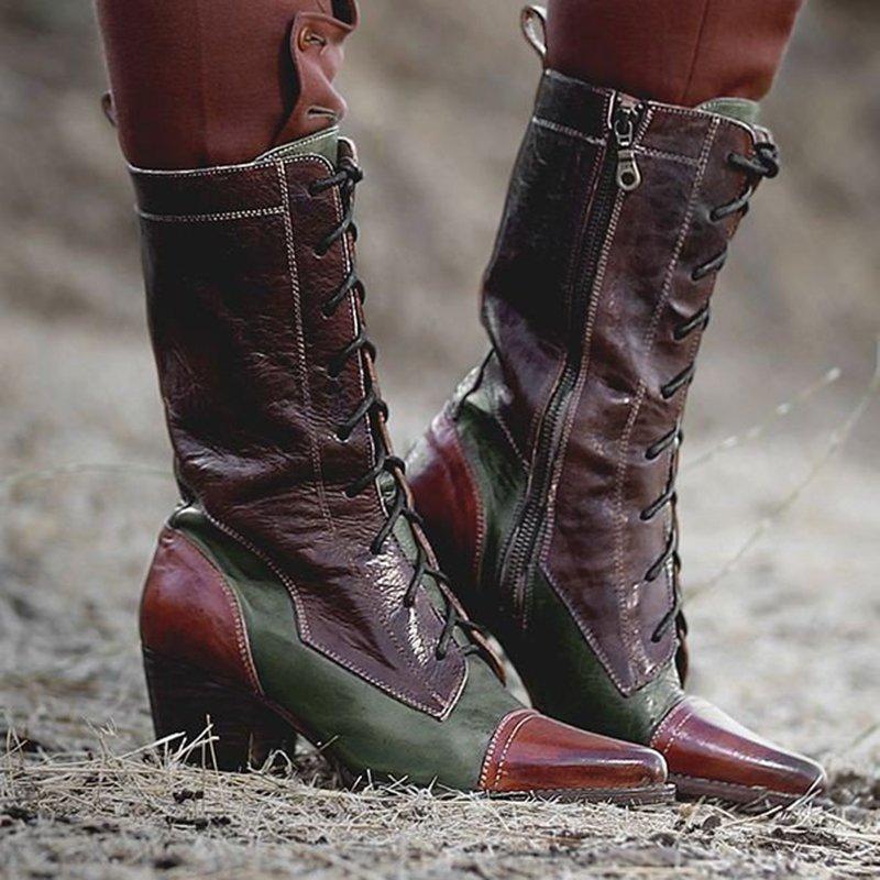 Plus Size Viantage Leather Lace Up Chunky Heel Boots