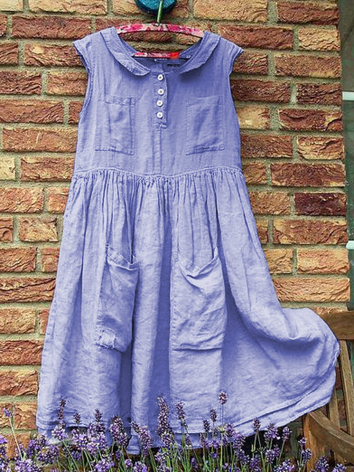 Plus Size Women Caftan Pockets Peter Pan Collar Casual Linen Dresses