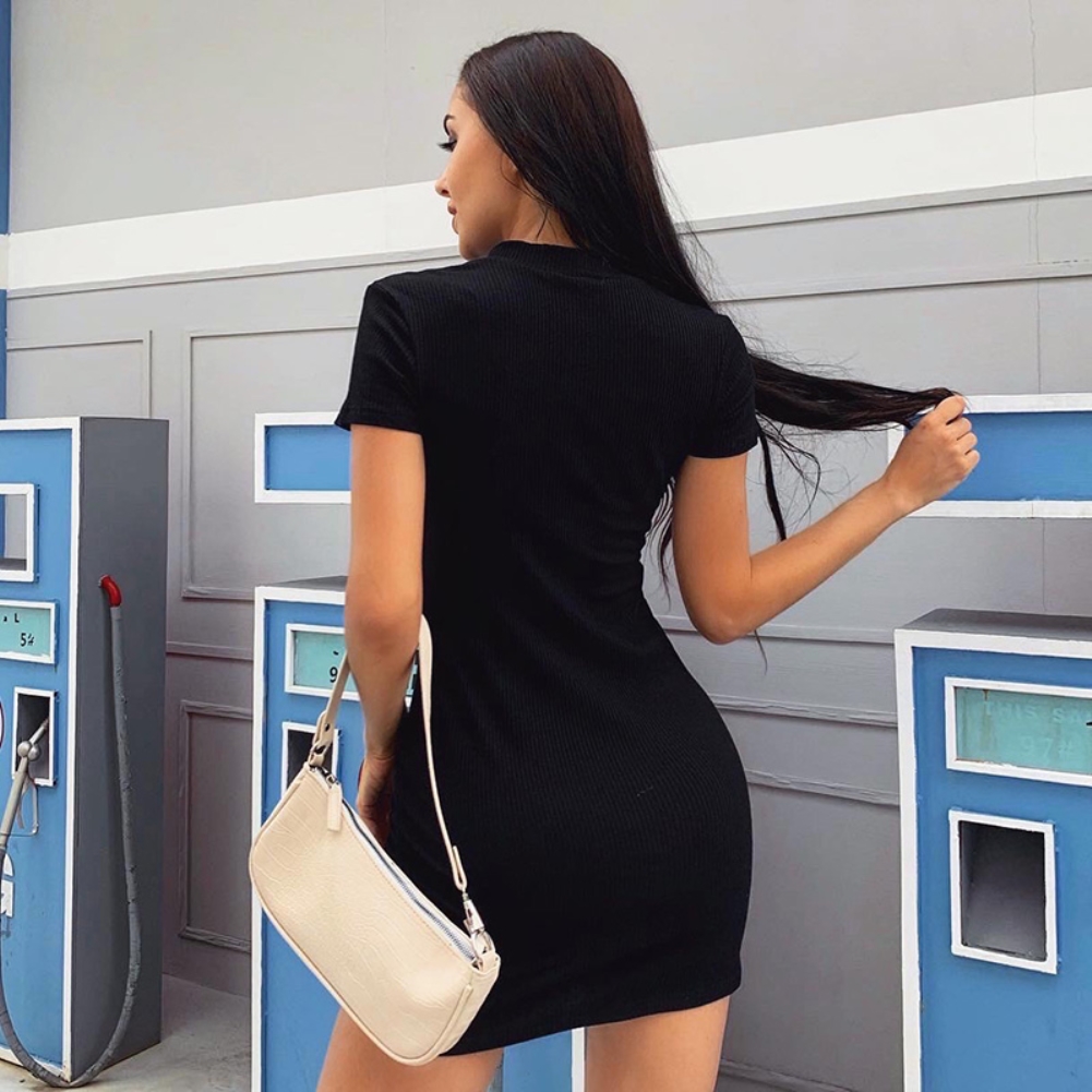 Casual Knitted Short Sleeve Zipper Mini Dress