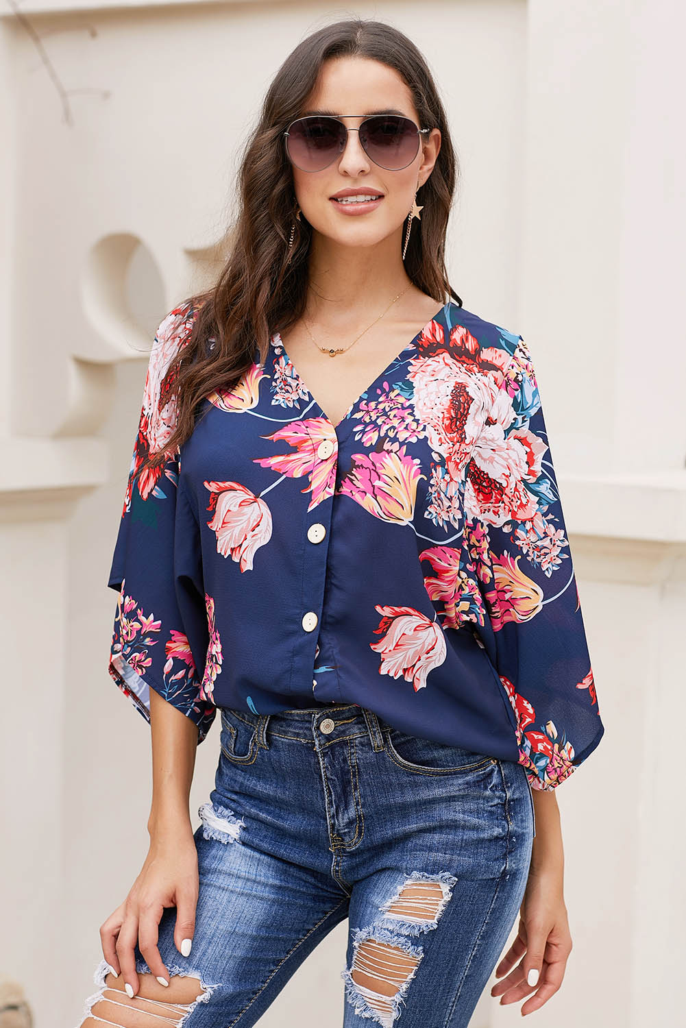 Blue V Neck Floral Kimono Top