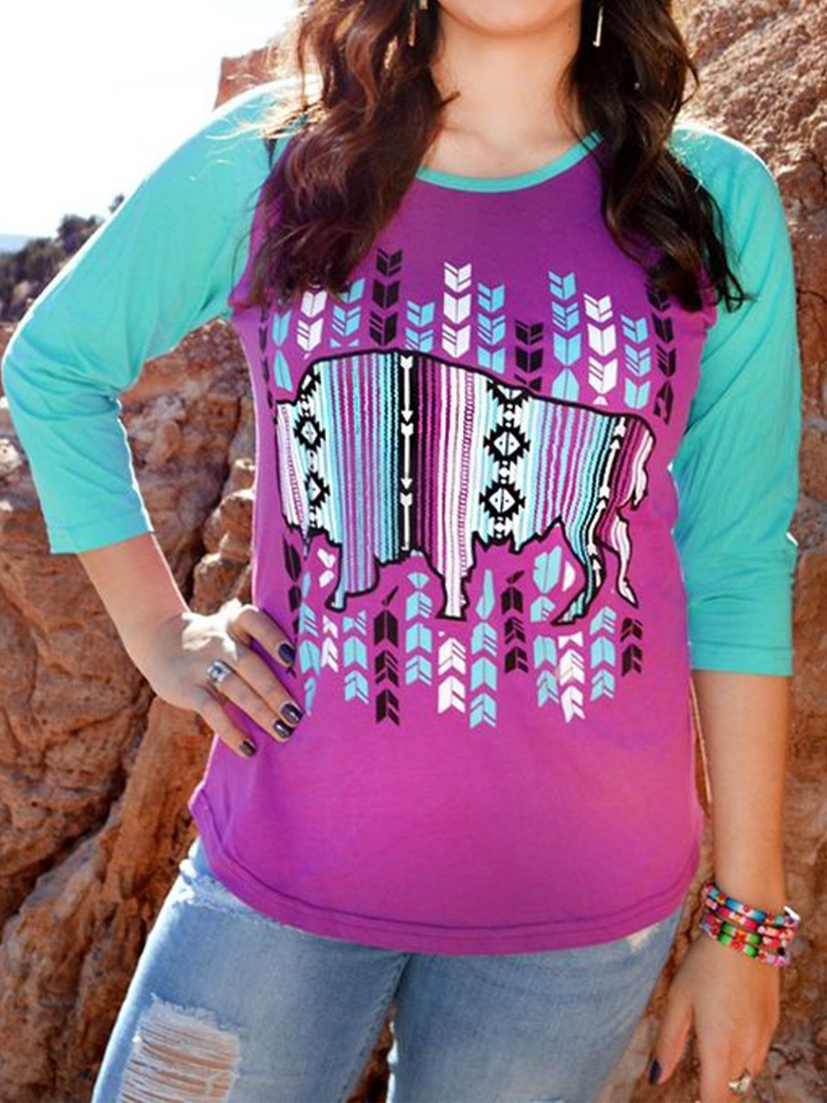 Longhorn Jersey Crew Neck Vintage Color-Block Shirts & Tops