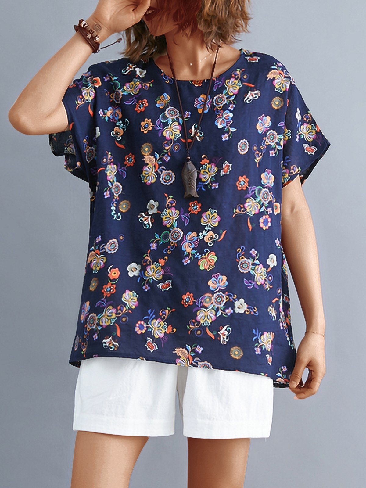 Plus Size Women Short Sleeve Round Neck Vintage Floral Casual Tops