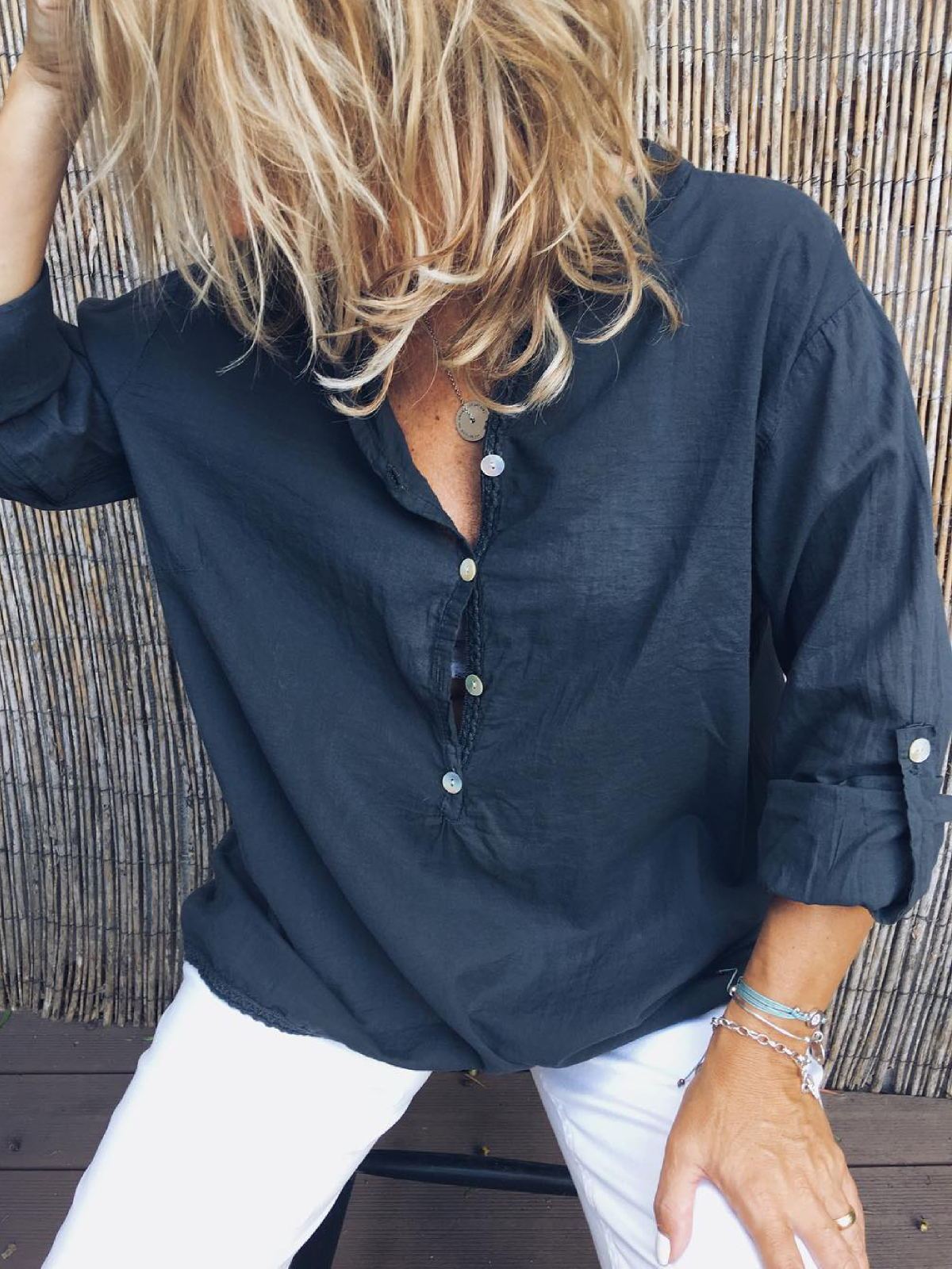 Plus Size Casual Long Sleeve V Neck Solid Tops