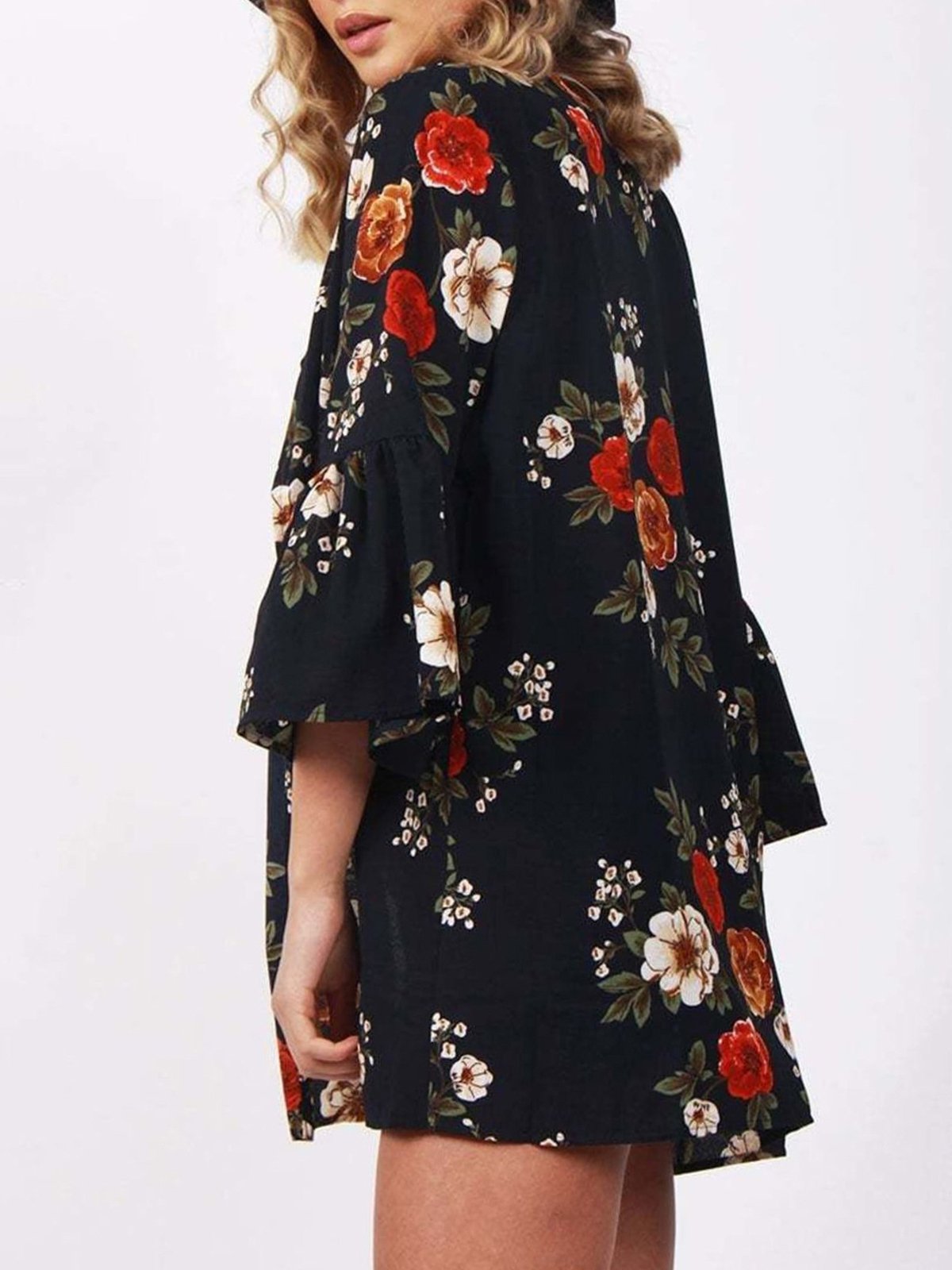 Floral Casual Paneled Bell Sleeve Chiffon Printed/Dyed Cardigan