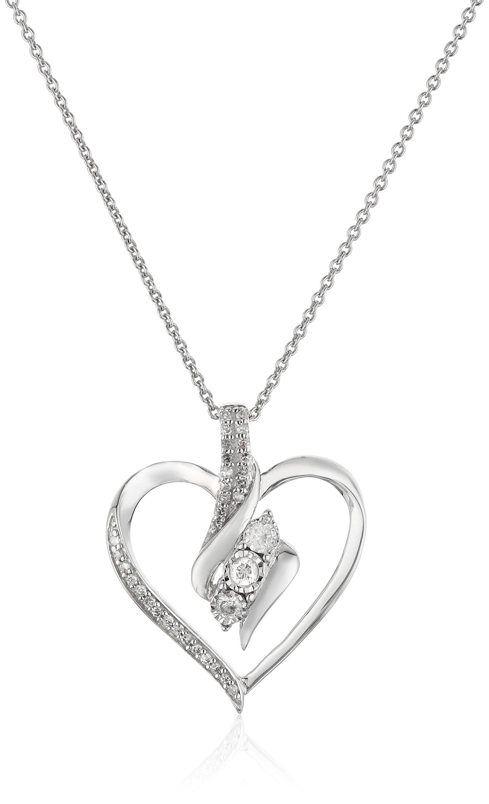 Sterling Silver Diamond 3 Stone Heart Pendant Necklace