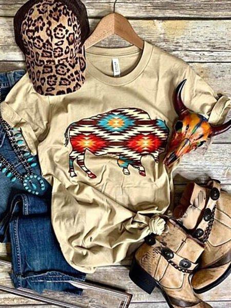 Light Brown Shift Short Sleeve Round Neck Abstract Shirts & Tops