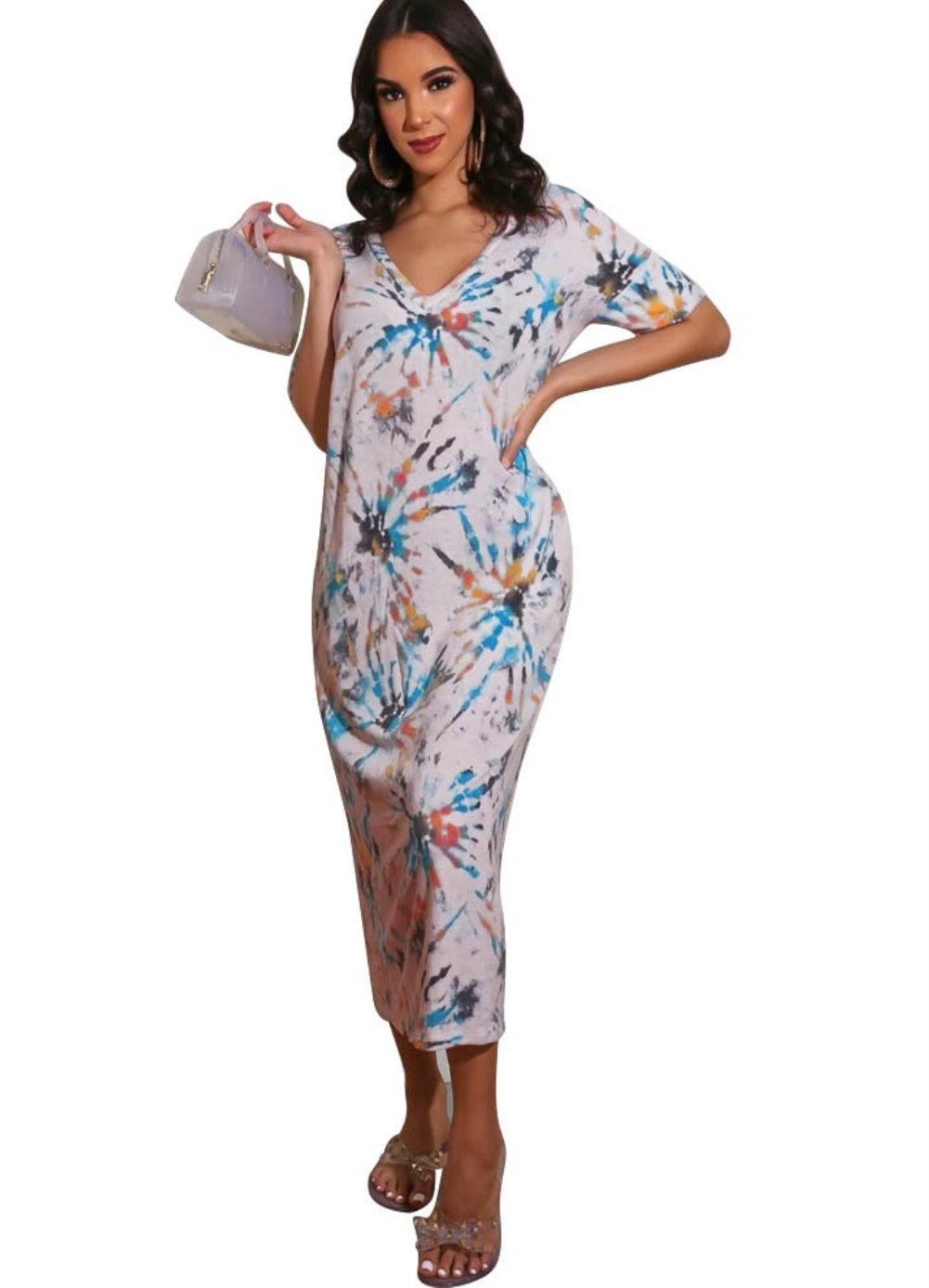 Summer Tie Dye V-Neck Long Dress