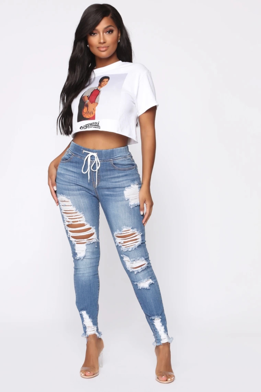 Stylish High Waist Strings Ripped Jeans