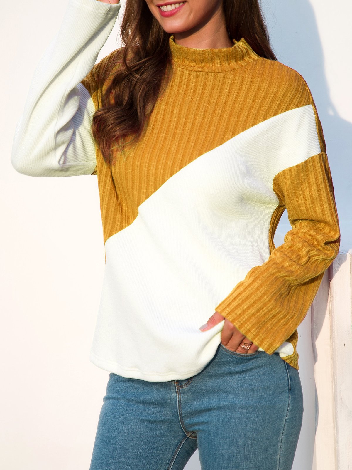 Color-Block Paneled Long Sleeve Stand Collar Shift Sweaters