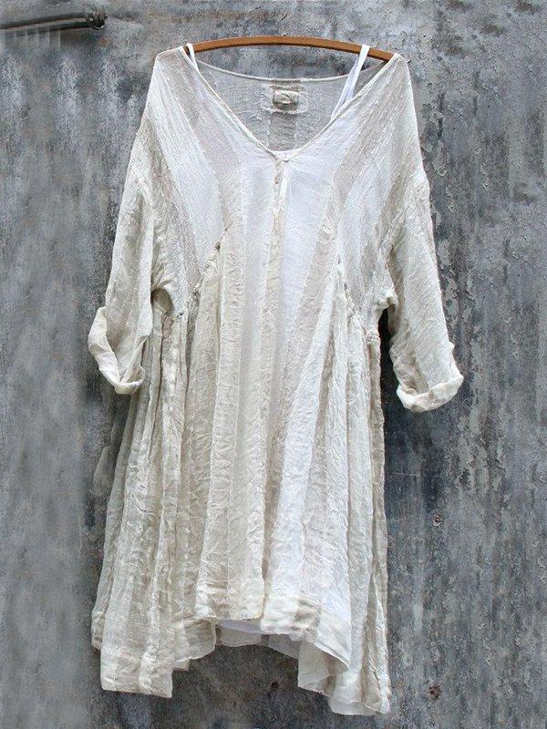 Casual V-Neck 3/4 Sleeve Striped Plus Size Bat Sleeve Tops