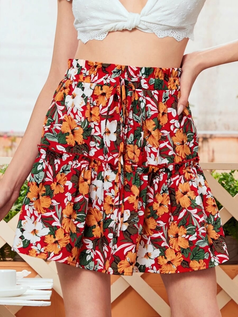 Summer High Waist Floral Short Ruffle Skirt