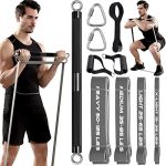 TESLANG Resistance Band Bar, 500 LBS Load Strength Training Bar with 4 Heavy Resistance Bands with Bar for Chest Press Deadlift Squats Curl- Black & Gray