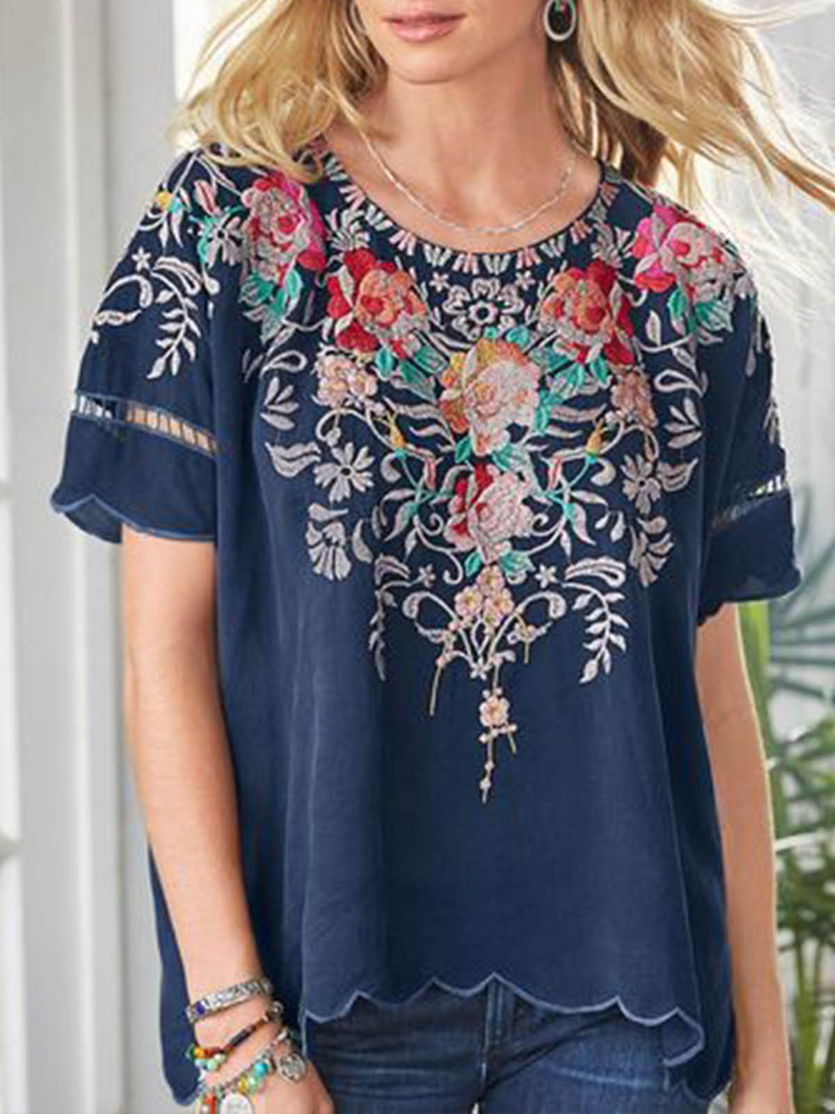 Navy Blue Short Sleeve Round Neck Patchwork Shirts & Tops