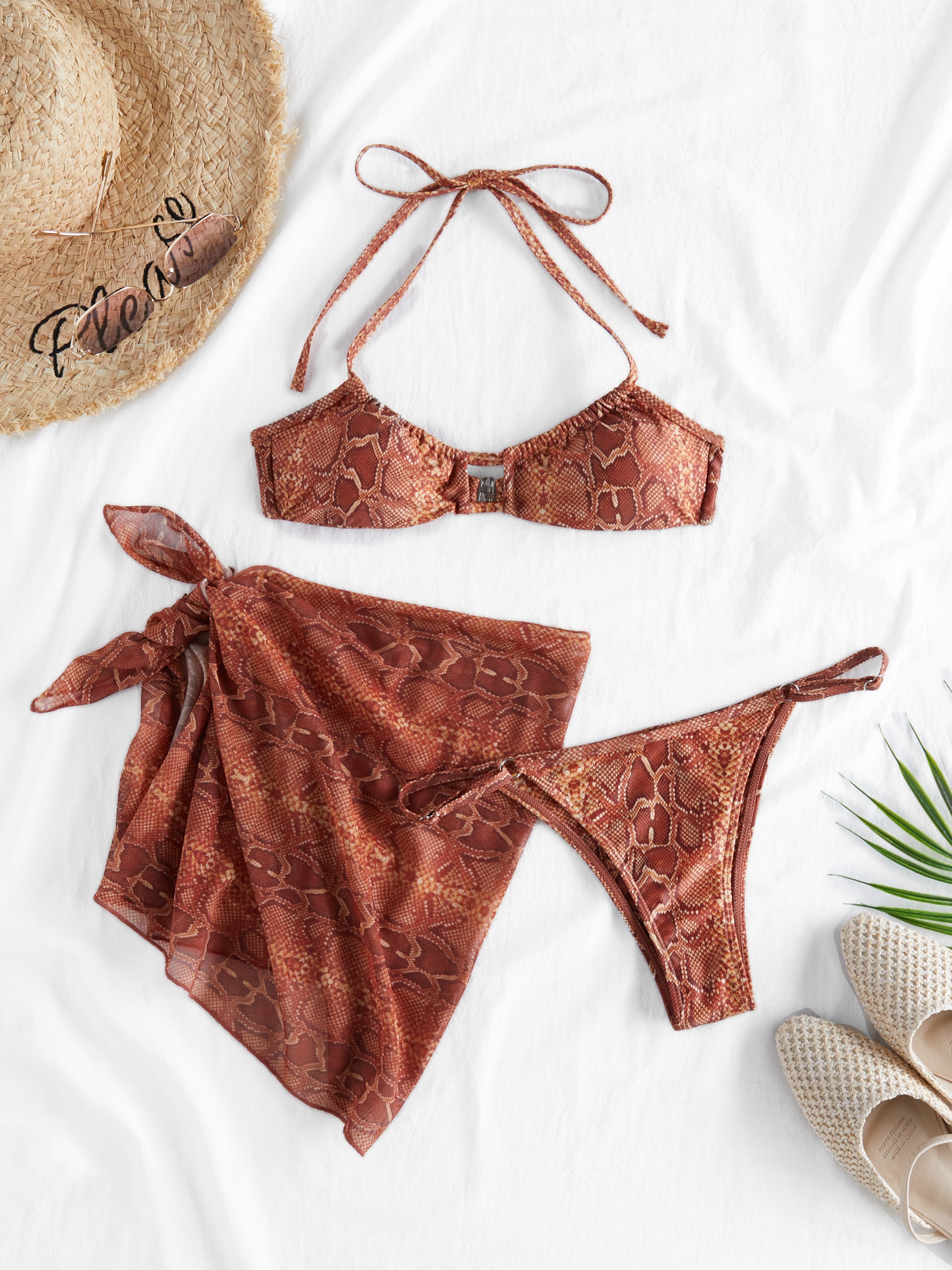 Snake Print Halter Three-Piece Bikini Set