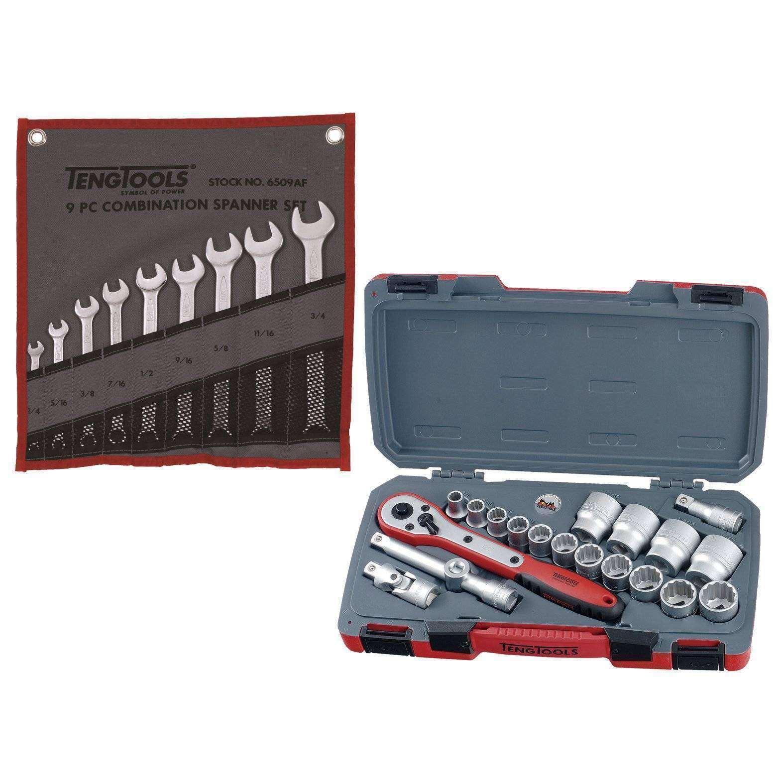 Teng Tools �C 29 Piece 1/2��� Drive SAE Socket and SAE Combination Spanner Set �C TEN-O-T1220AF-KIT2