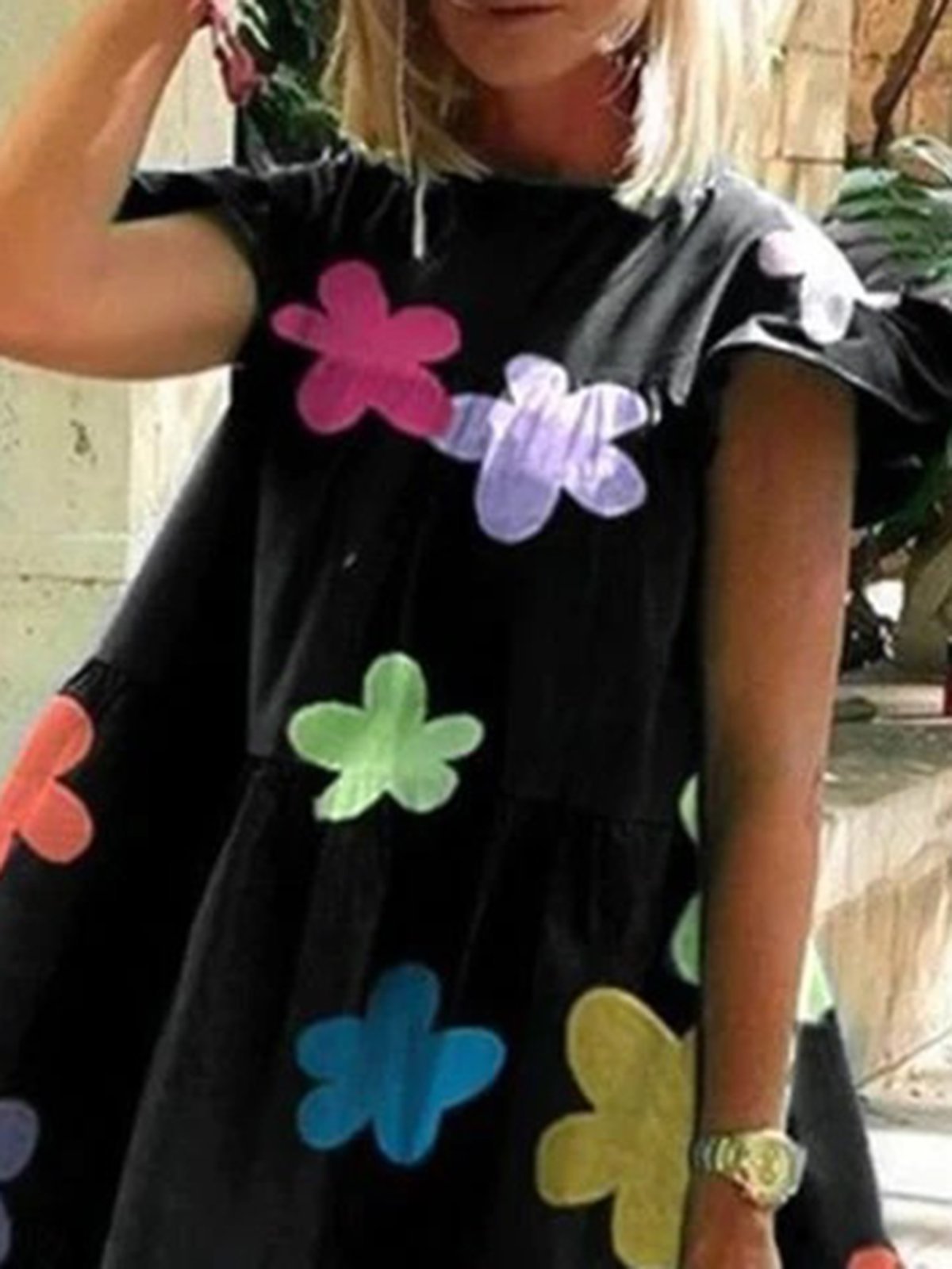 Black Sweet Casual Holiday Floral Printed Short Sleeve A-line Dresses