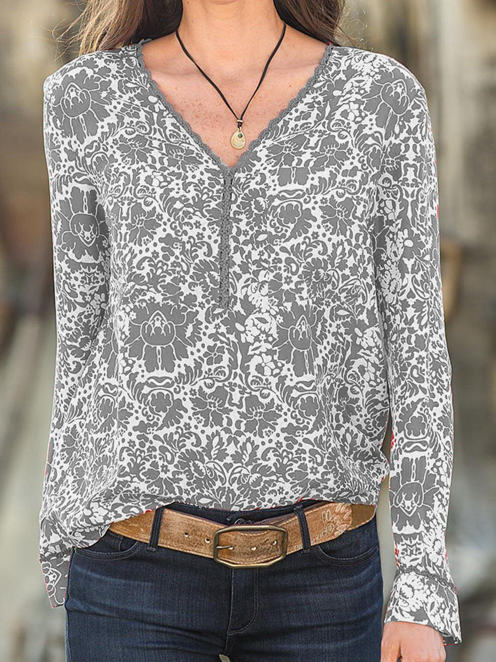 Chiffon Long Sleeve Casual Floral Shirts & Tops