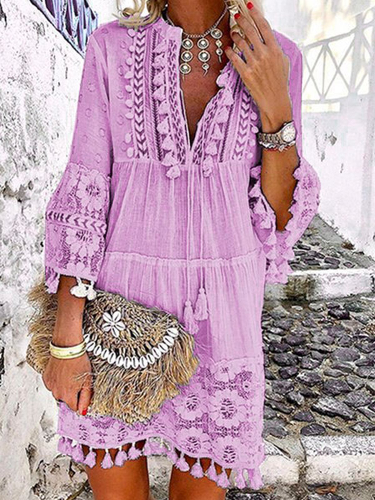 3/4 Sleeve V Neck Holiday Boho Dresses