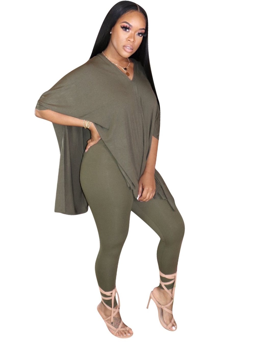 Summer Plain Slit Long Shirt and Tight Legging Set