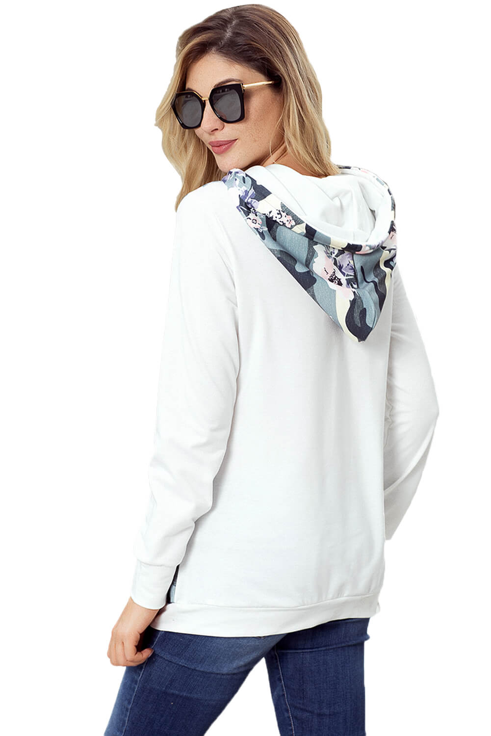 White Kangroo Pocket Floral Hoodie
