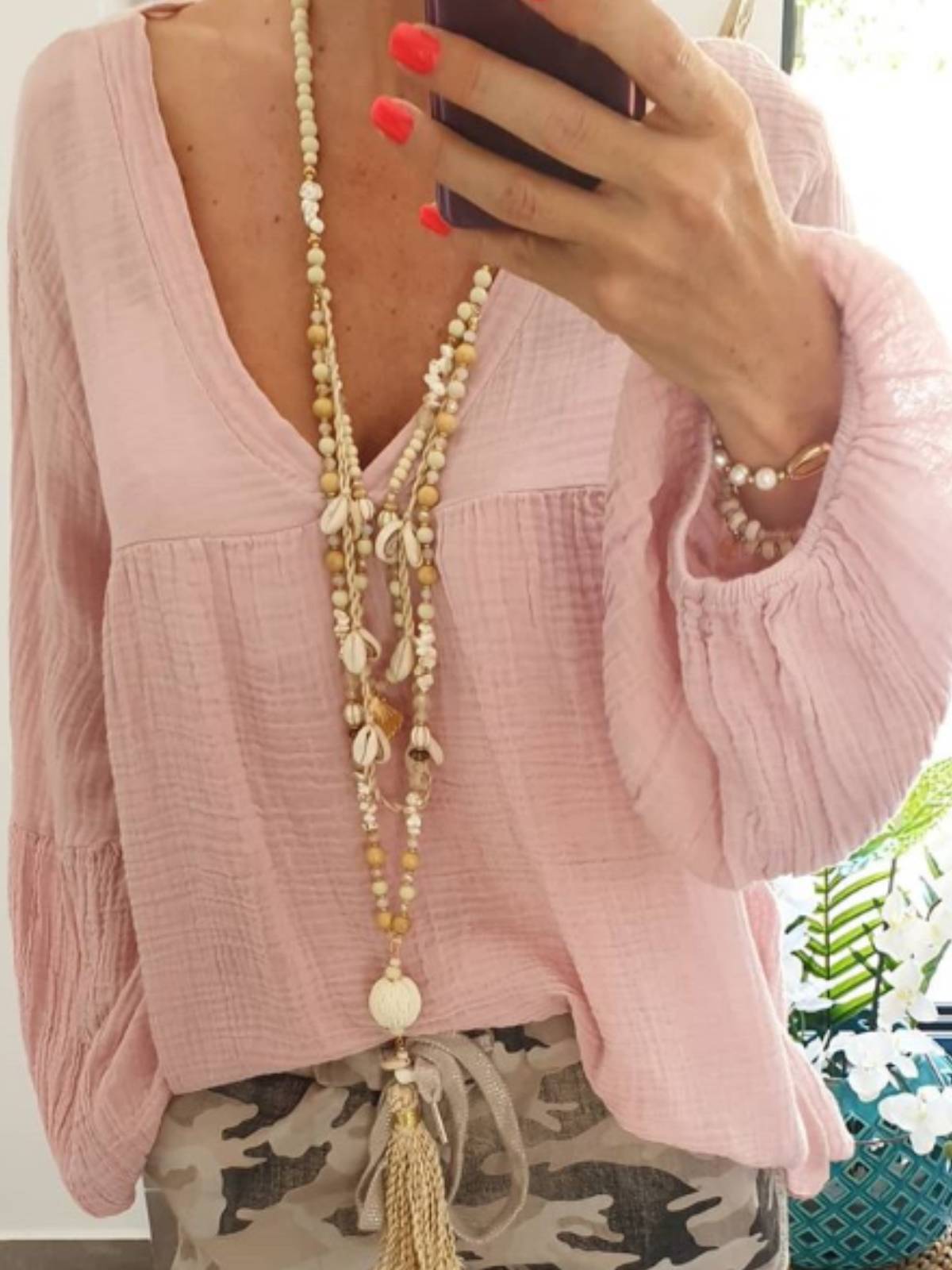 Balloon Sleeve Casual V Neck Shirts & Tops