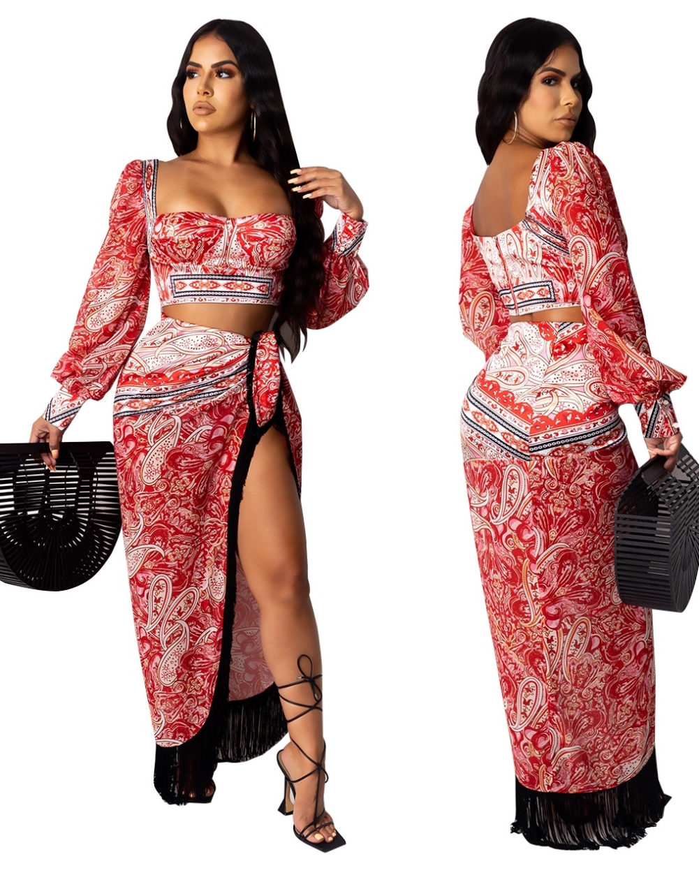 Retro Print Long Sleeve Crop Top and Long Skirt Set