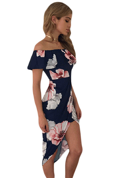 Navy Floral Ruffle Off Shoulder Wrap Boho Dress
