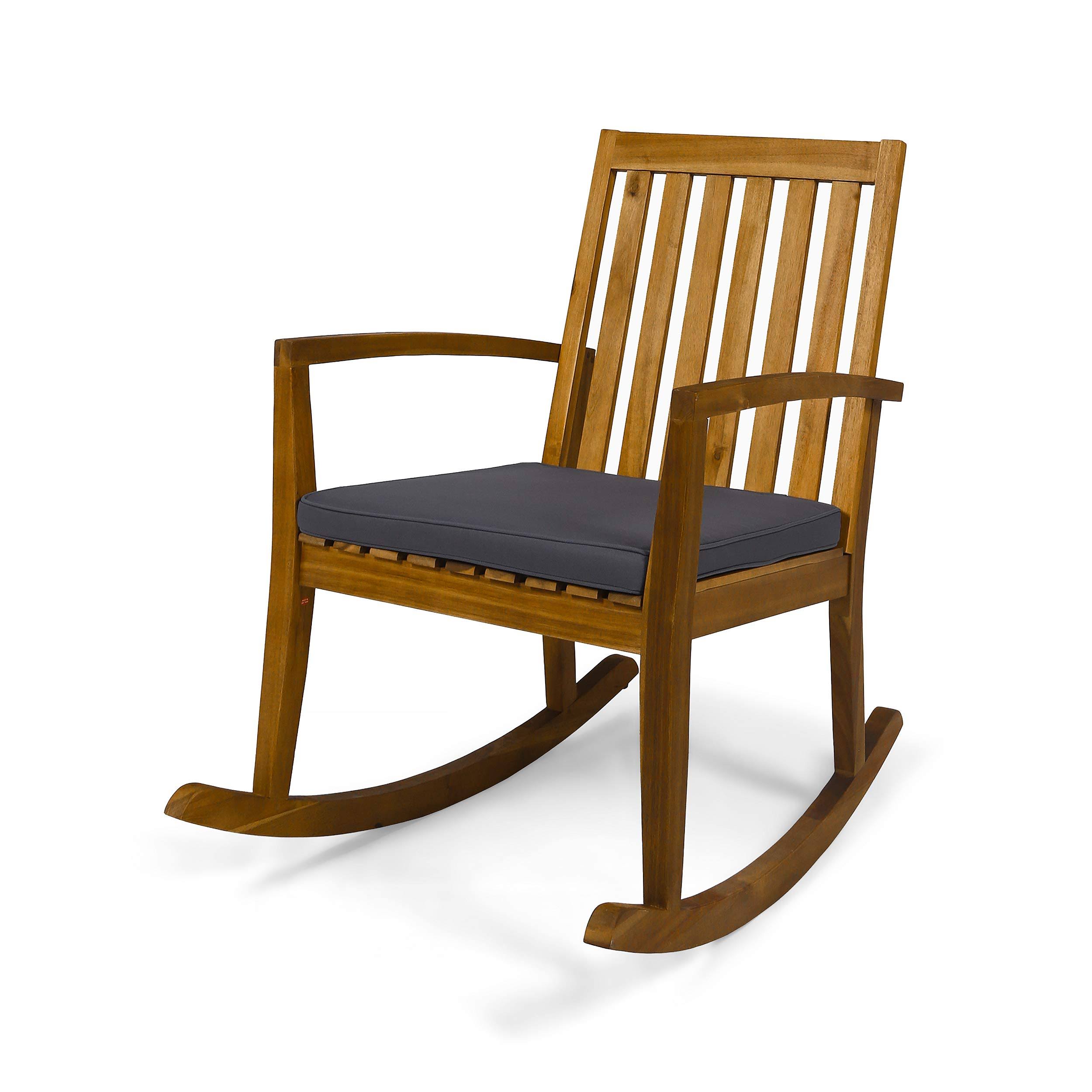 Great Deal Furniture Yvonne Patio Rocking Chair, Acacia Wood Frame, Traditional, Teak Finish with Dark Gray Cushions