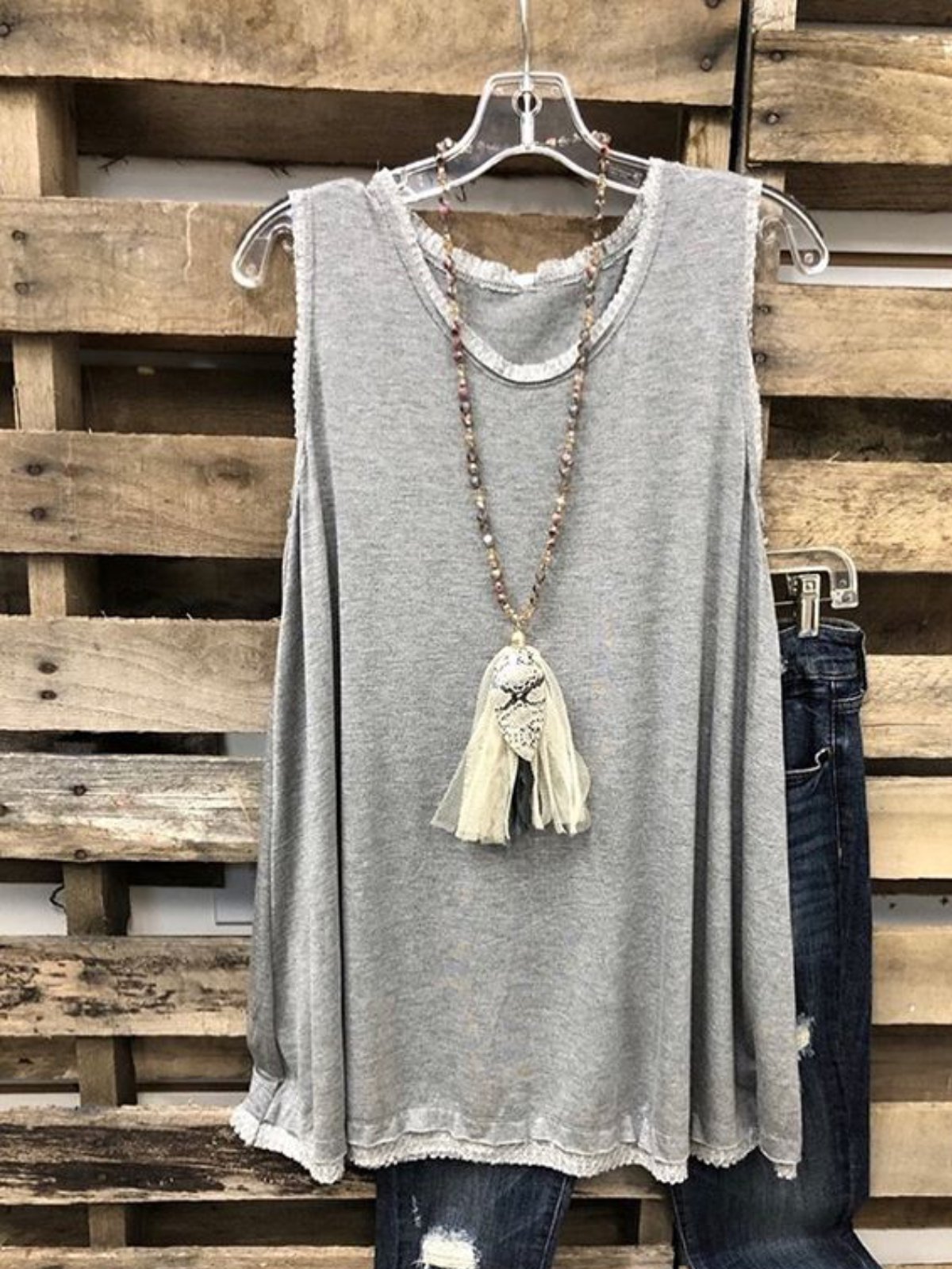Gray Sleeveless Solid Round Neck Tops