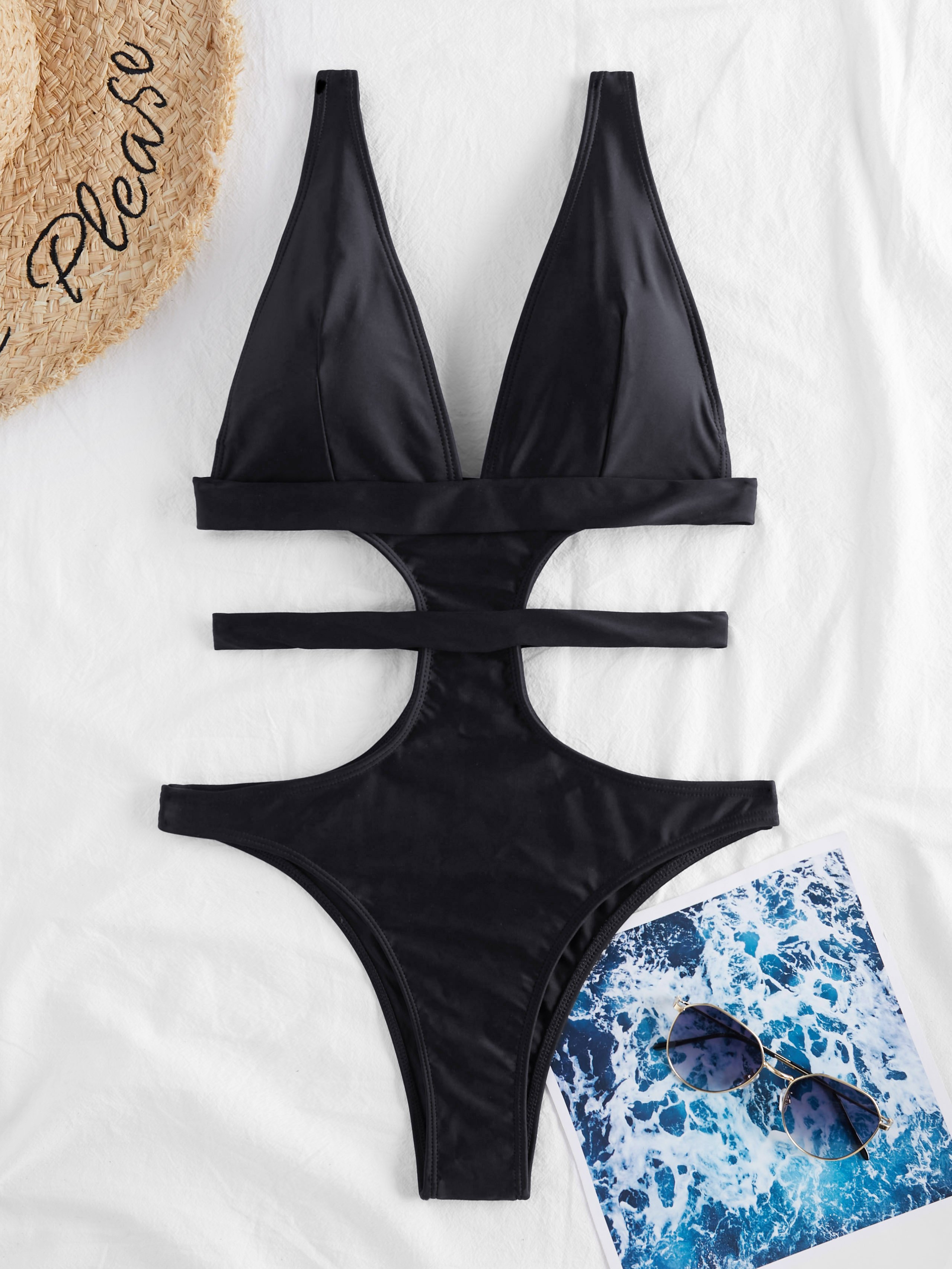 Plunging Collar Cutout One-Piece Swimwea