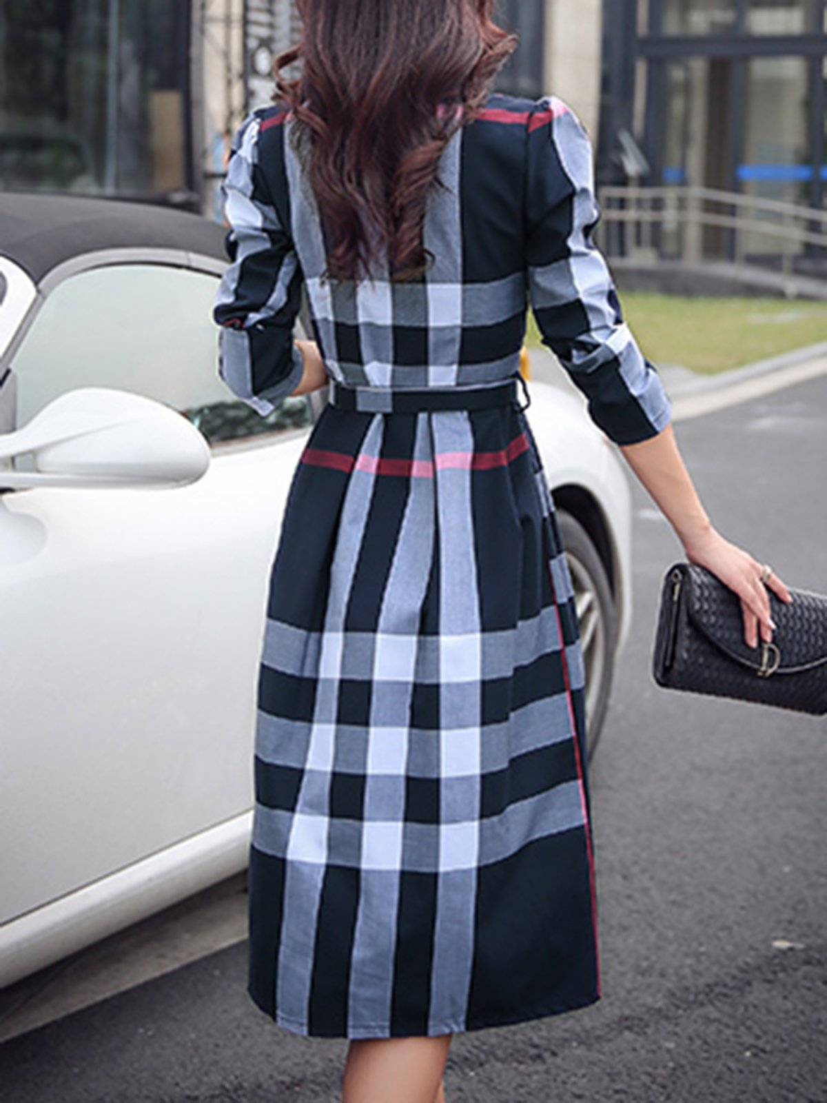 Long Sleeve Casual Acetate A-line Checkered/Plaid Dress