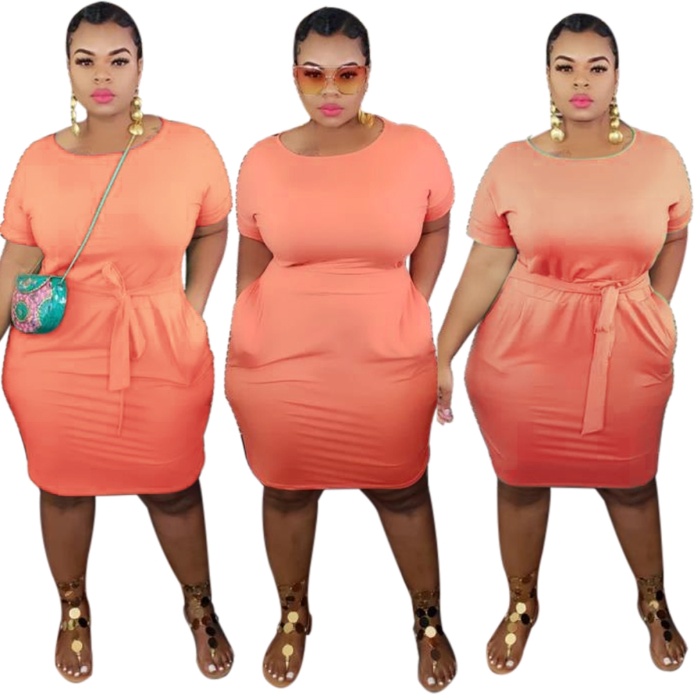 Plus Size Summer Plain Bodycon Dress with Belt