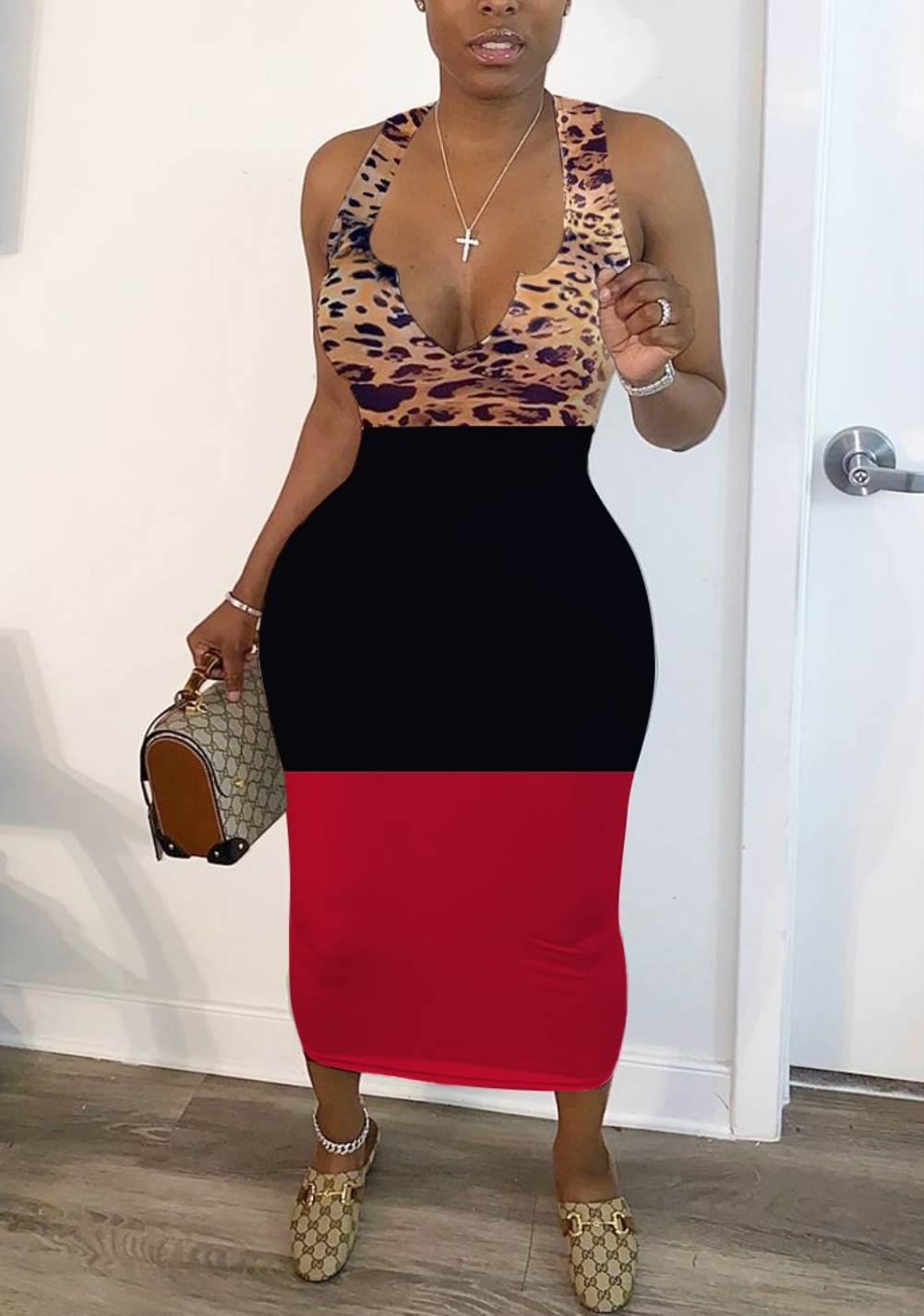 Leopard Print Sleeveless Contrast Midi Dress