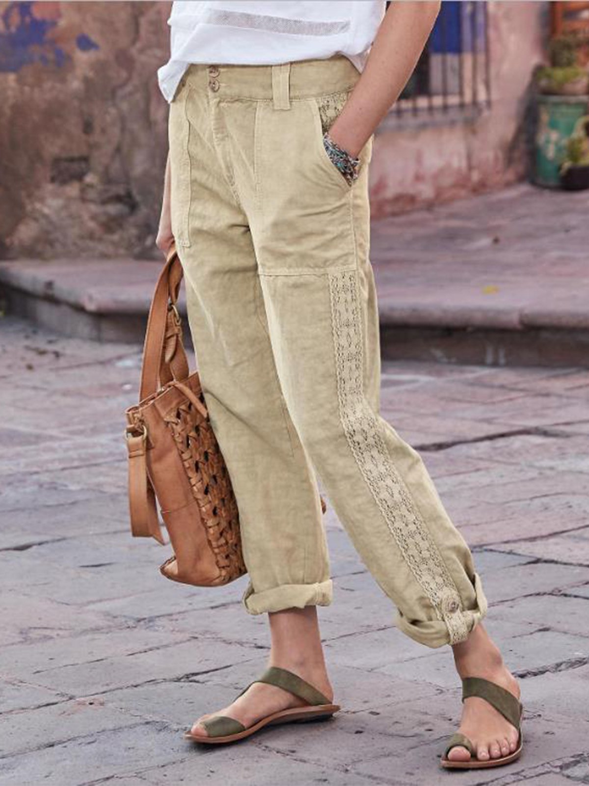 Casual Pockets Solid Lace Pants