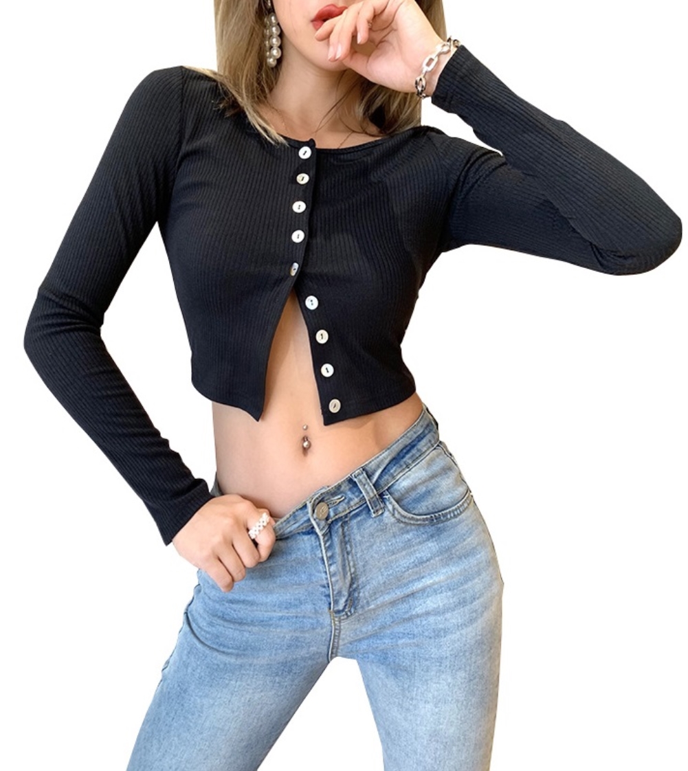 Fall Black Button Up Crop Top with Full Sleeves