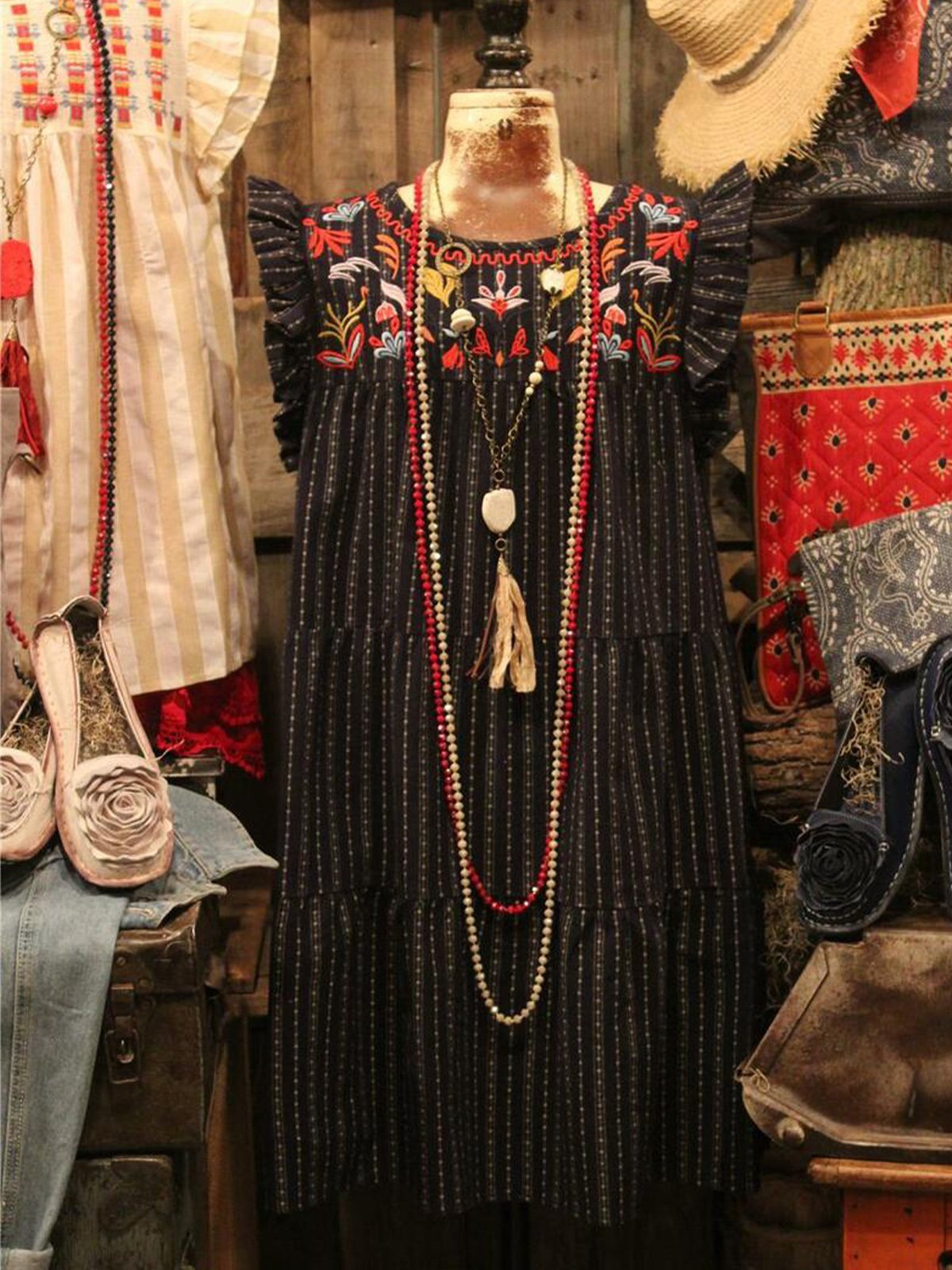 A-Line Boho Cotton-Blend Floral-Print Shirts & Tops