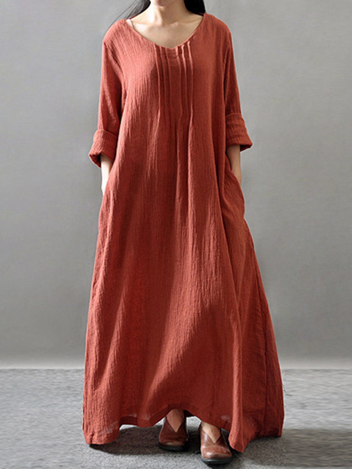 Ruched Long Sleeve Pockets Swing Solid Dress