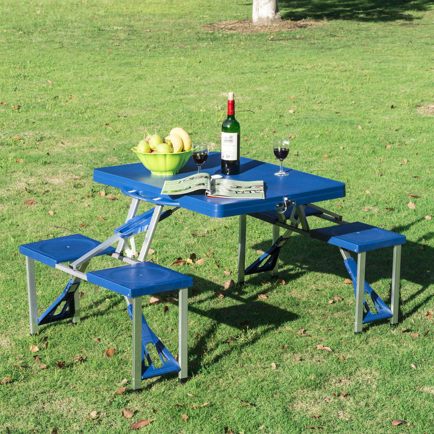 Outsunny Portable Folding Plastic Camping Picnic Table 4 SEATS Outdoor Garden w/Case Blue