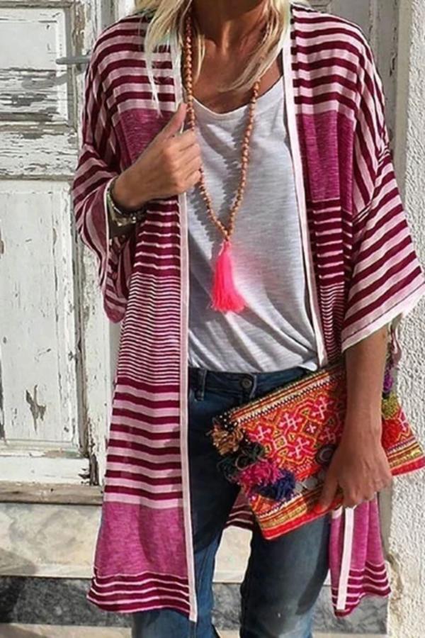 Casual Sun-Protective Batwing Sleeve Stripe Splicing Beach Cardigan