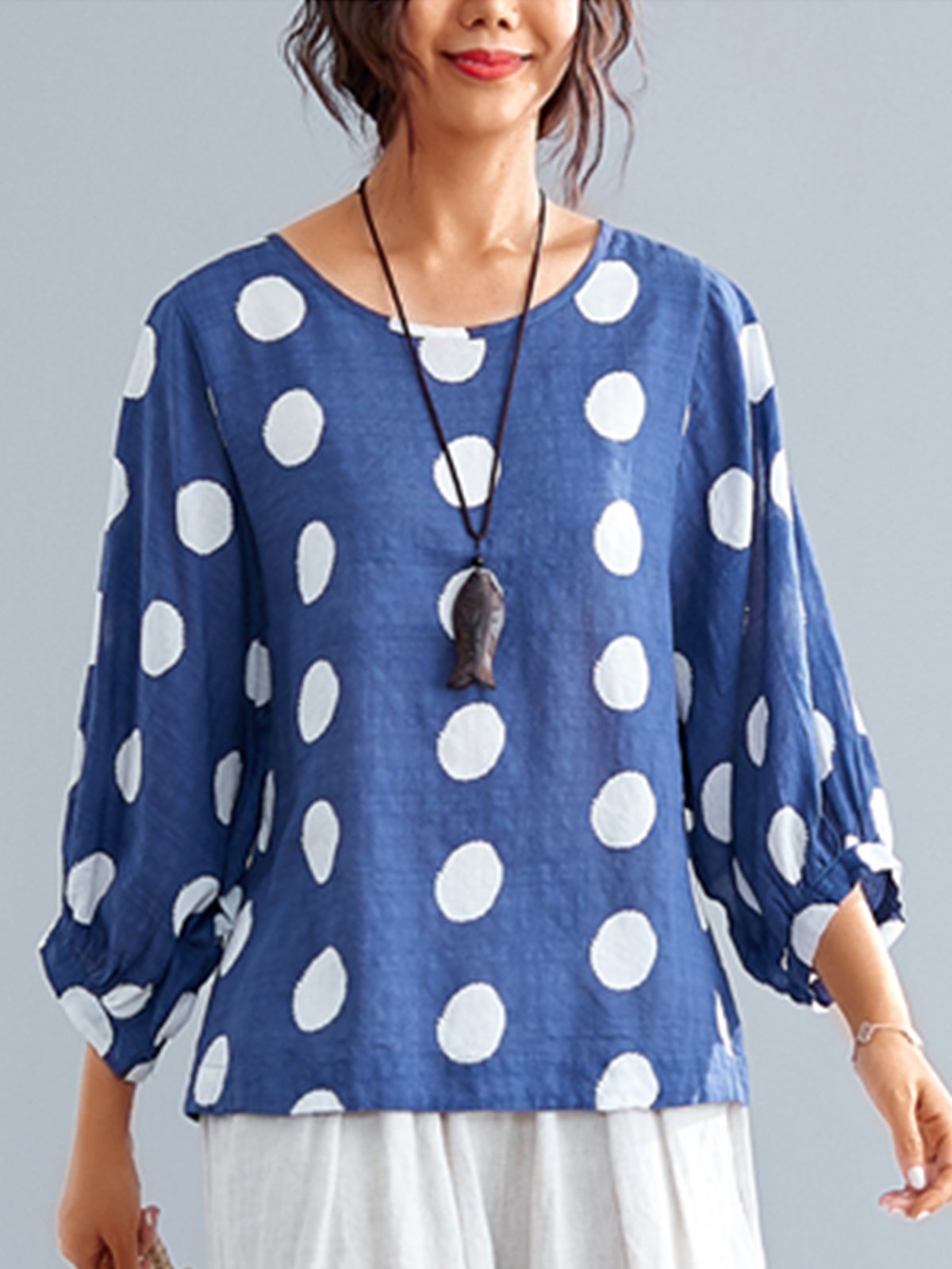 3/4 Sleeve Round Neck Vintage Polka Dots Casual Tops