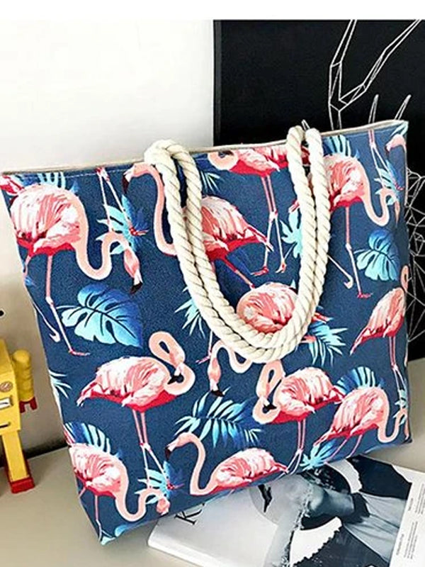 Women's Famingo Print Zipper Casual Canvas Tote Bag