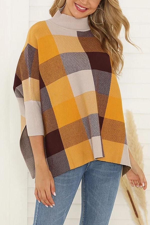 European And American Style High Collar Bracelet Sleeve Splicing Plaid Sweater