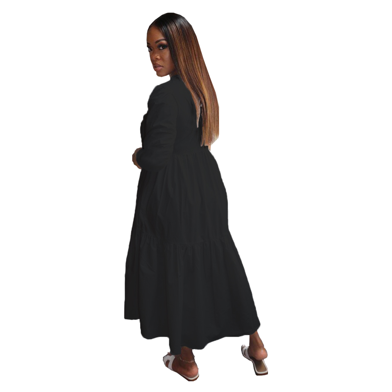 Autumn Casual Fit-and-Flare Plain Long Dress